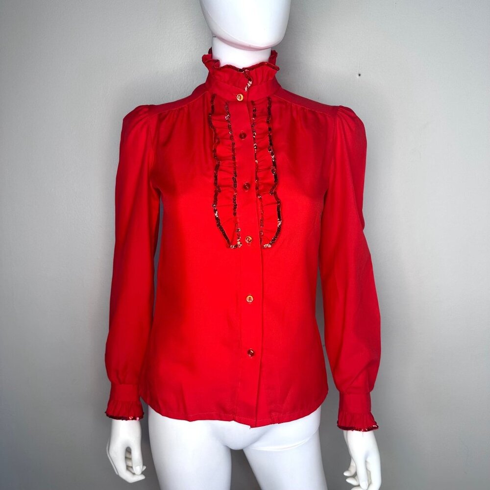 Vintage 1970s Red High Neck Blouse, Size XS/Small, Ruffles with Sequin Trim